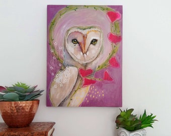 Original owl painting acrylic abstract whimsical mixed media art painting on wood panel 9x12 inches - Violet skies