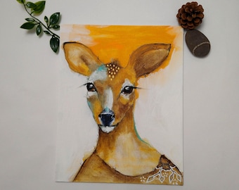 Original whimsical deer mixed media acrylic soulful art painting on flat canvas board - A gentle warming