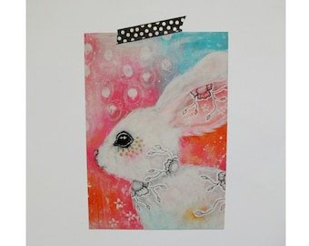 bunny rabbit glossy oversized postcard poster print painting art print A5 size - With joy in her heart