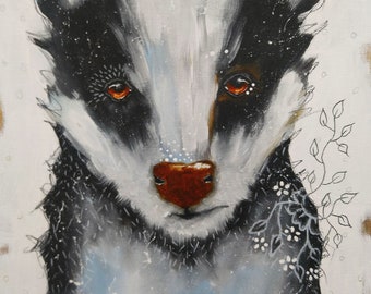 Original badger painting acrylic whimsical mixed media art painting on wood panel 8x10 inches - Deep in thought