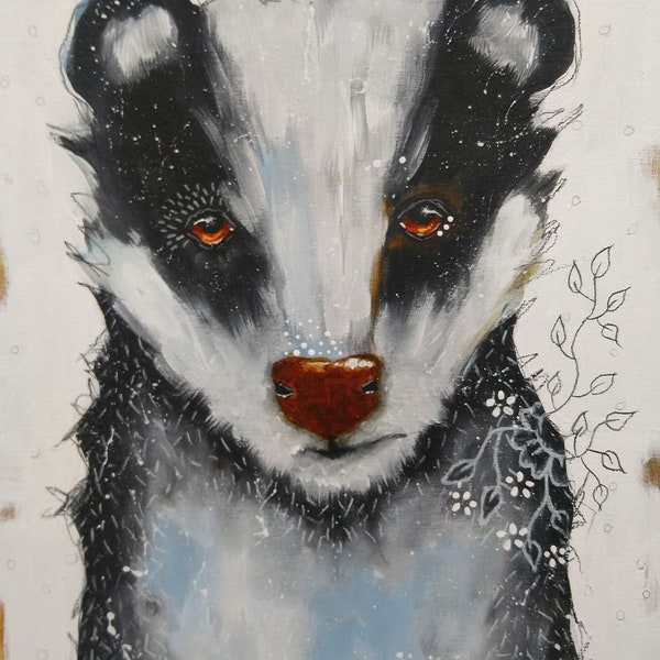 Original badger painting acrylic whimsical mixed media art painting on wood panel 8x10 inches - Deep in thought