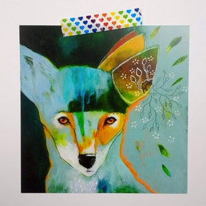 Green whimsical fox satin finish square postcard poster print painting art print Green fox image 1