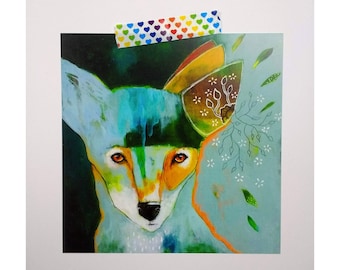 Green whimsical fox satin finish square postcard poster print painting art print - Green fox