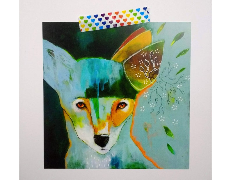 Green whimsical fox satin finish square postcard poster print painting art print Green fox image 1