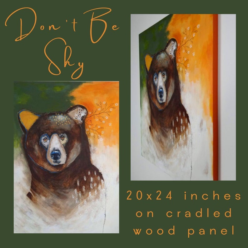 Original Bear painting abstract whimsical mixed media art on wood panel 20x24 inches Don't be shy image 3