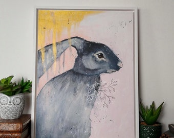 Original hare rabbit bunny painting whimsical mixed media art on wood panel 12x16 inches in white wood frame - Gentle of heart