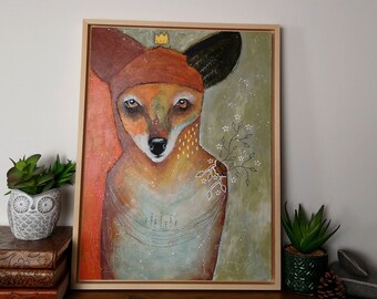 Original fox painting whimsical mixed media art on wood panel 12x16 inches in beech wood frame - There are tales yet to be told