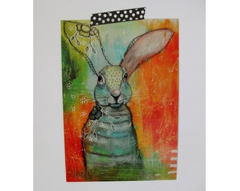 Hare glossy oversized postcard poster print bunny rabbit painting art print A5 size - Leap into action