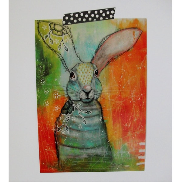 Hare glossy oversized postcard poster print bunny rabbit painting art print A5 size - Leap into action