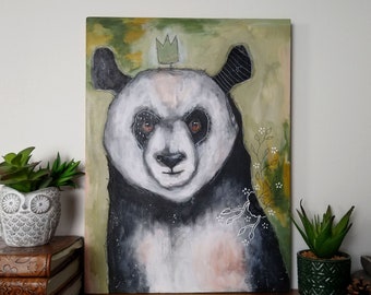 Original panda painting whimsical mixed media art on wood panel 12x16 inches - A minute of peace on a busy day