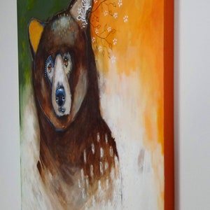 Original Bear painting abstract whimsical mixed media art on wood panel 20x24 inches Don't be shy image 2