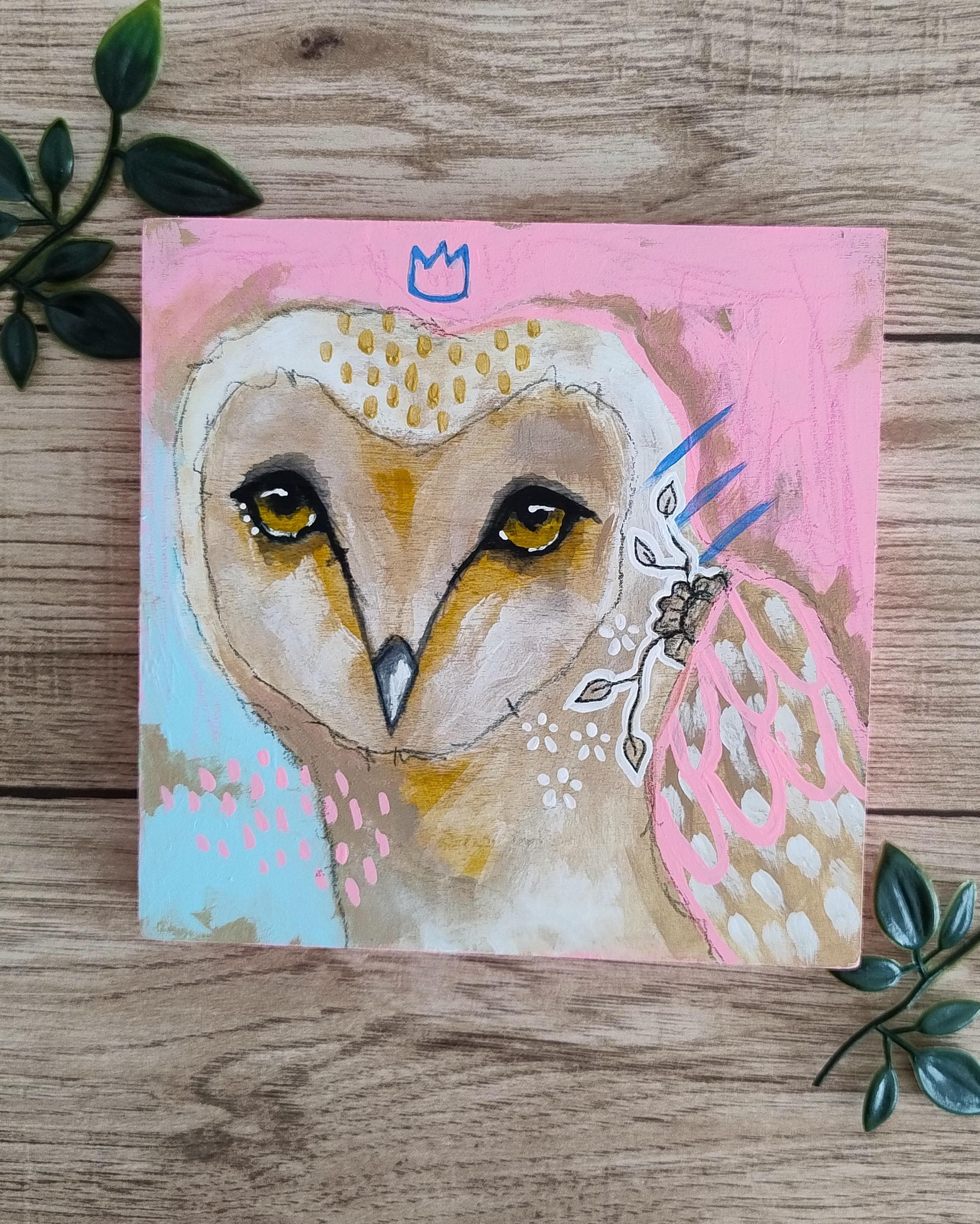 Original owl painting whimsical mixed media art painting on wood canvas 6x6 inches - Dream