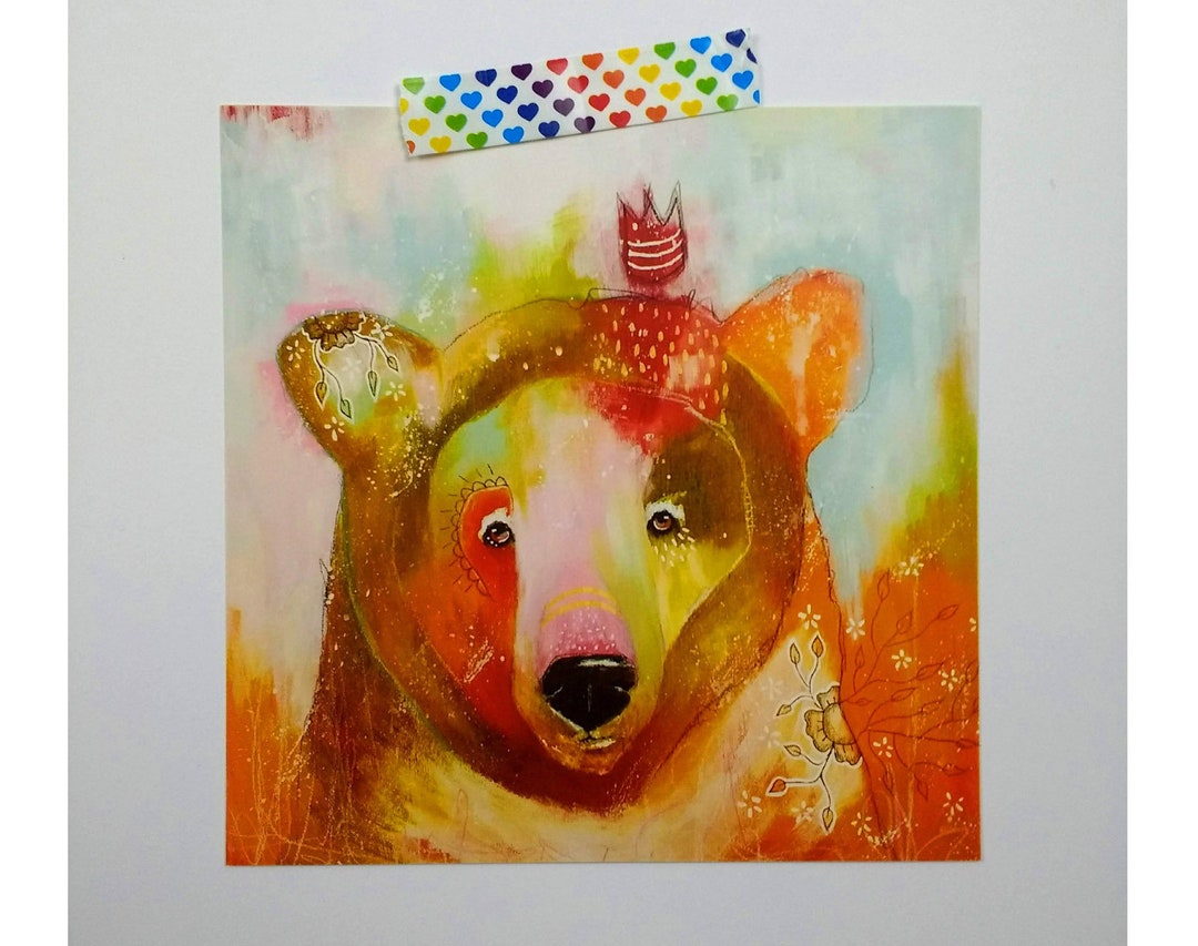 Cute Whimsical Bear Satin Finish Square Postcard Poster Print Painting ...