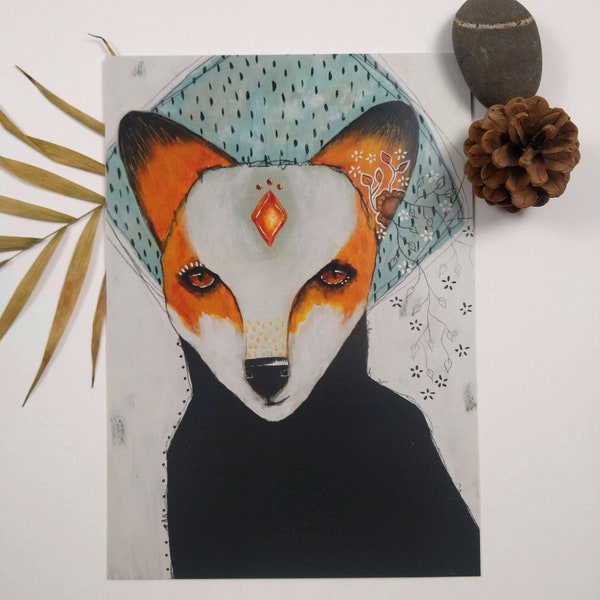 Fox satin sheen postcard oversized postcard poster print painting art print A5 size - Fox (crystal)