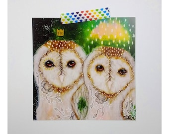 Two owls satin finish square postcard poster print painting art print - Two owls