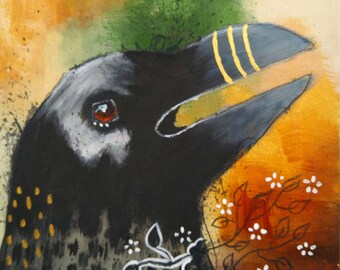 Original raven acrylic painting whimsical art painting on cradled wood panel  6x6 inches - Raven Call