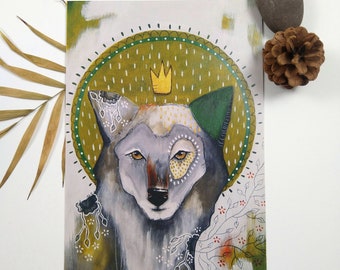 Wolf satin oversized postcard poster print painting art print A5 size - Wolf (green halo)