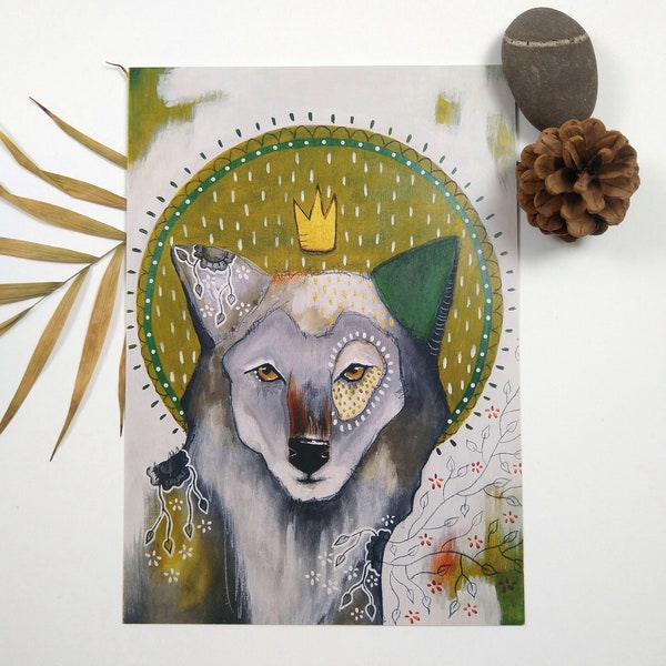 Wolf satin oversized postcard poster print painting art print A5 size - Wolf (green halo)