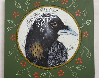 Original crow acrylic painting whimsical art painting on cradled wood panel  6x6 inches - Wychwood