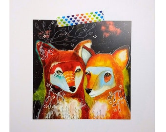 Two cute whimsical foxes satin finish square postcard poster print painting art print - Two foxes