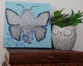 Original white moth acrylic painting mixed media art painting on wood canvas 6x6 inches - Accepting her gifts