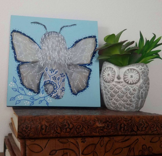 Mixed Media Moth Painting on wood