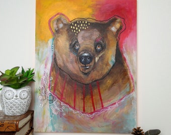 Original bear painting whimsical abstract mixed media art on wood panel 12x16 inches - Sad clowns don't make me cry anymore