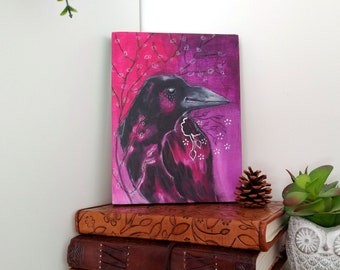 Original crow raven acrylic painting mixed media art on wood canvas 8x6 inches - Evoking the muse