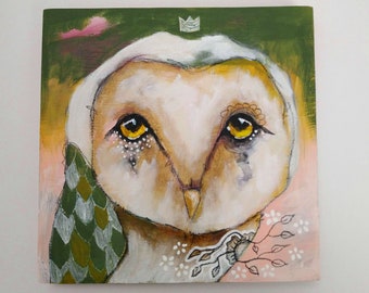 Original Owl painting whimsical mixed media art painting on wood canvas 6x6 inches - The return of spring