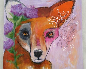 Original fox acrylic painting mixed media art painting on wood canvas 8x8 inches - Of foxes and thistles
