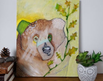 Original bear painting whimsical abstract mixed media art on wood panel 11x14 inches - Oakling