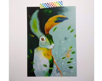 Green Hare satin finish postcard oversized postcard print painting art print A5 size - Green Hare