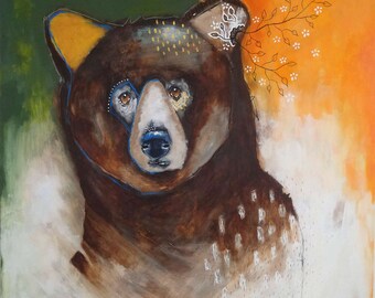 Original Bear painting abstract whimsical mixed media art on wood panel 20x24 inches - Don't be shy