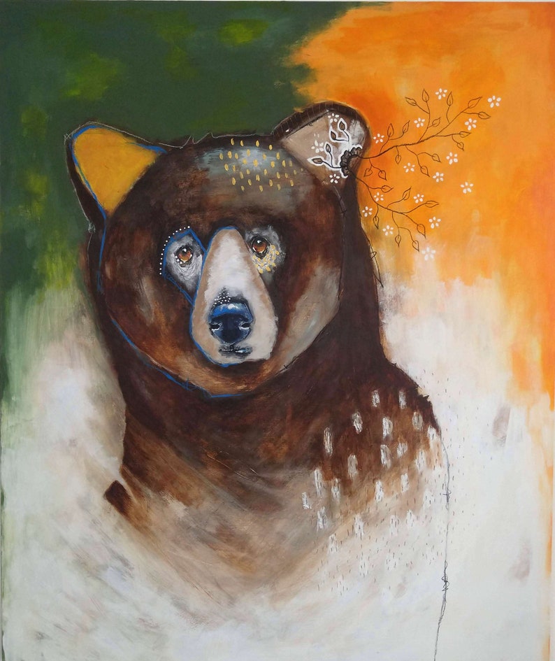 Original Bear painting abstract whimsical mixed media art on wood panel 20x24 inches Don't be shy image 1