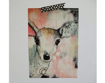 Deer doe glossy oversized postcard poster print painting art print A5 size - Sanctuary