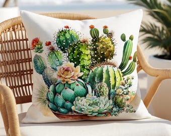 Cactus Pillow Cover | Botanical Desert Decor | Succulent Square Throw Pillow | Lumbar Cushions