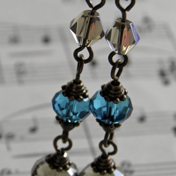 Teal & Grey Earrings Antique Style Faceted Glass Long Dangle Earrings Antique Brass Vintage Style Smokey Grey Brown with Peacock Blue