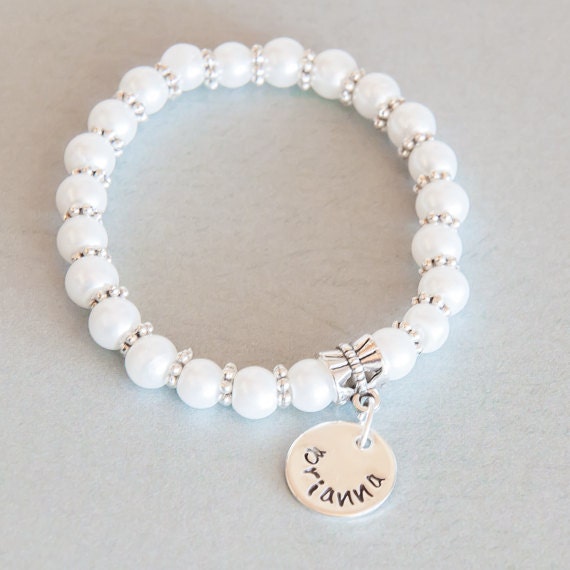 Items similar to Toddler Girls Stretchy Pearl Bracelet with Silver