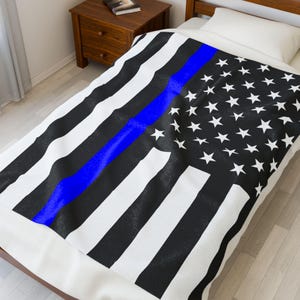 US Police Velveteen Plush Blanket, Police blanket, Blue Line Flag USA Fleece Blanket, Blue Line Blanket, American