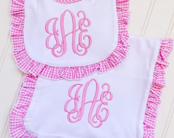 Gingham Ruffle Trim Baby Bib, Diaper Cover, Burp Cloth-Baby Girls Monogrammed Set