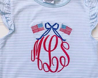 American Flag Monogram Flutter Tee-Girls Patriotic Monogrammed Flag Shirt or Bubble