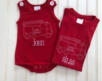 Vintage Stitch Firetruck Baby Bubble-Monogrammed Boys Firetruck Shirt, Bodysuit, Romper, Raglan