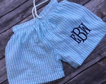 Boys Monogrammed Seersucker Swim Trunks-Boys Embroidered Swim Trunk