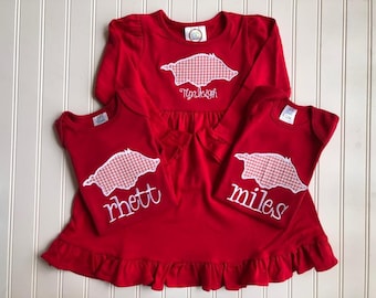 Game Day Pig Kids Tee, Bodysuit, Shirt, Dress or Romper-Game Day Arkansas Outfit