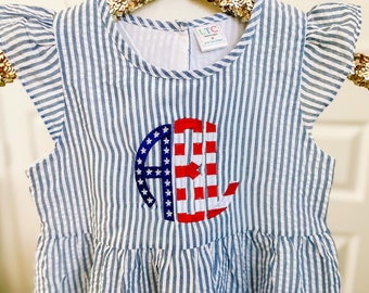 Flag Monogrammed Seersucker Dress-Girls Patriotic Fourth of July Dress