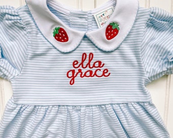 Strawberry Patch Girls Monogrammed Striped Dress or Bubble