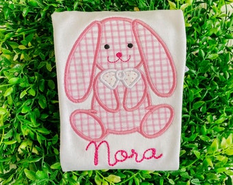 Floppy Gingham Bunny Easter Shirt-Girls Monogrammed Easter Ruffle Shirt, Dress, Romper, Bubble, Bodysuit