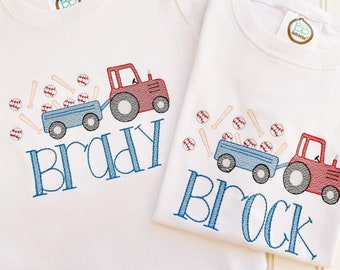 Baseball Tractor Embroidered Tee-Boys or Girls Monogrammed Baseball Shirt or Bodysuit