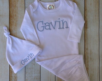 Monogrammed Baby Gown and Hat-Baby Boy Monogrammed Baby Gift