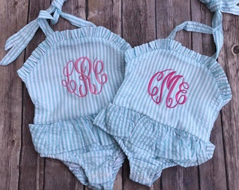 Monogrammed Girls Seersucker Swimsuit-Girls Seersucker One Piece or Two Piece Bathing Suit